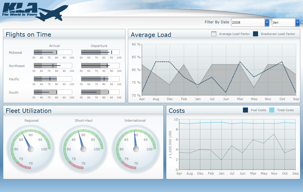 Fig. 7 Example of a manager dashboard with information about an airline. Source: www.dashboardinsight.com